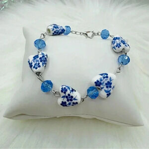 Blue & White Porcelain Heart Bead Bracelet